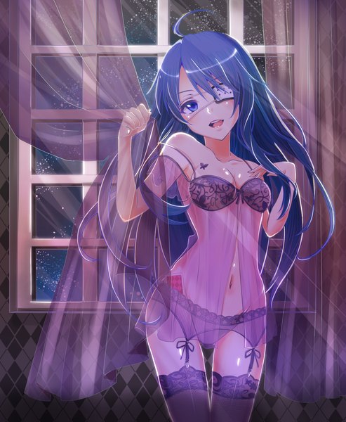 Anime picture 2300x2800 with original aoi (kiyokiyoaomushi) single long hair tall image looking at viewer fringe highres breasts open mouth blue eyes light erotic hair between eyes standing bare shoulders holding payot blue hair ahoge indoors