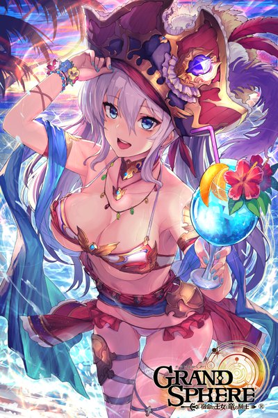 Anime picture 667x1000 with grand sphere matsumoto mitsuaki single long hair tall image blush breasts open mouth blue eyes light erotic smile standing holding payot cleavage silver hair outdoors nail polish fingernails from above