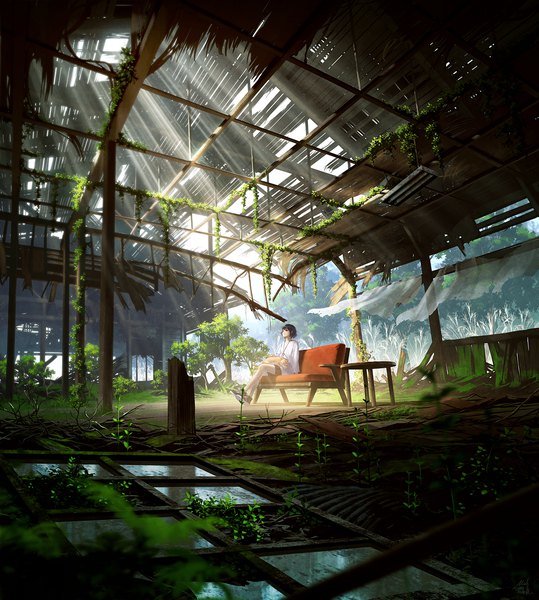 Anime picture 1348x1500 with original mocha (cotton) single tall image short hair black hair sitting brown eyes signed looking away full body bent knee (knees) sunlight sunbeam scenic ruins girl plant (plants) animal pantyhose