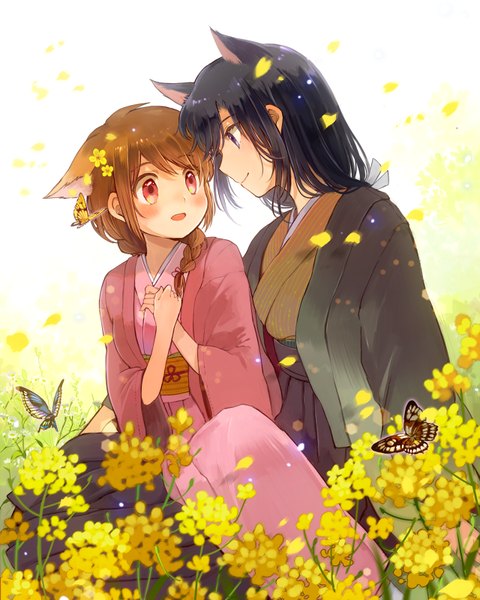 Anime picture 640x800 with original hatihamu long hair tall image blush open mouth blue eyes black hair smile red eyes brown hair sitting multiple girls animal ears braid (braids) traditional clothes :d japanese clothes profile couple