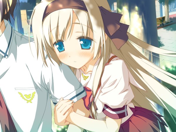 Anime picture 1600x1200 with hoshizora no memoria hisakaki kosame shida kazuhiro long hair blush blue eyes blonde hair bare shoulders game cg girl dress boy uniform school uniform hairband