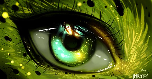 Anime picture 1080x566 with original ryky single looking at viewer wide image green eyes signed aqua eyes reflection close-up 2016 fur eye