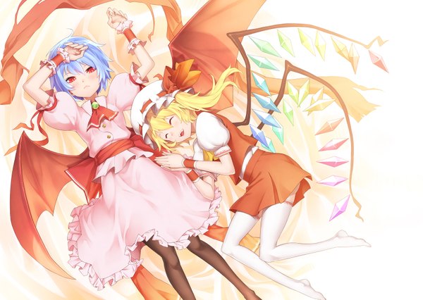 Anime picture 1600x1138 with touhou flandre scarlet remilia scarlet short hair blonde hair red eyes multiple girls blue hair eyes closed one side up happy girl thighhighs skirt ribbon (ribbons) black thighhighs 2 girls hat wings skirt set