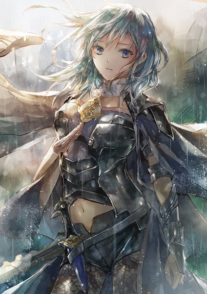 Anime picture 707x1000 with fire emblem fire emblem: three houses nintendo byleth (fire emblem) byleth (female) (fire emblem) misaki yuu (misaki 1192) single long hair tall image looking at viewer fringe blue eyes standing holding blue hair outdoors wind wet rain wet clothes
