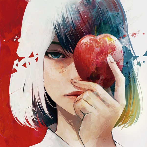 Anime picture 800x800 with original wataboku single looking at viewer short hair blue eyes black hair holding multicolored hair fingernails lips lipstick portrait covering covering eye (eyes) abstract covering face girl fruit apple
