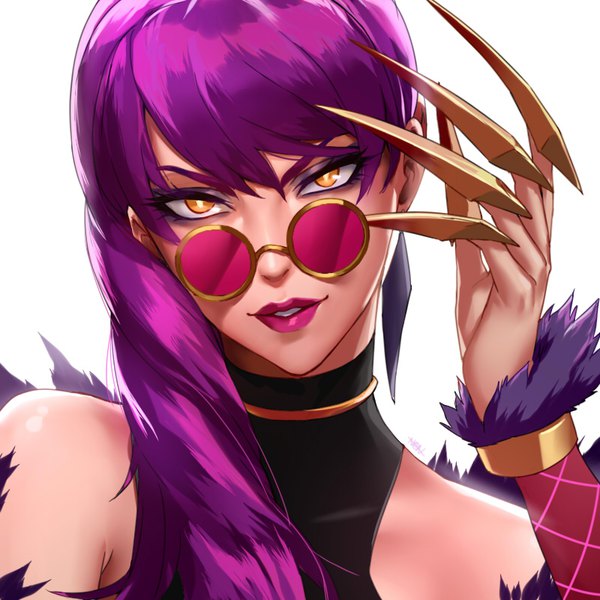 Anime picture 800x800 with league of legends k/da (league of legends) evelynn (league of legends) k/da evelynn non (nonzile) single long hair looking at viewer fringe simple background white background bare shoulders yellow eyes purple hair head tilt lipstick portrait eyeshadow pink lipstick girl