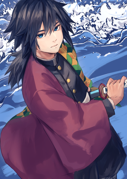 Anime picture 2508x3541 with kimetsu no yaiba ufotable tomioka giyuu oomura saki single long hair tall image looking at viewer fringe highres blue eyes black hair hair between eyes traditional clothes japanese clothes from above low ponytail expressionless unsheathing boy