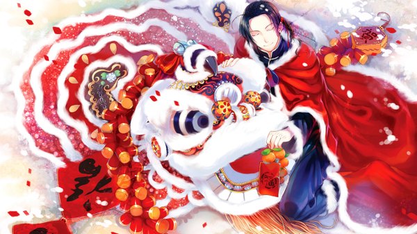 Anime picture 1366x768 with axis powers hetalia studio deen china (hetalia) hakonekohime single long hair black hair smile wide image eyes closed hieroglyph snowing chinese clothes winter snow boy