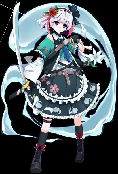 Anime picture 1399x2048 with touhou konpaku youmu myon satou (3366 s) single tall image looking at viewer short hair open mouth simple background standing silver hair full body long sleeves hair flower open clothes wide sleeves short sleeves alternate costume heterochromia