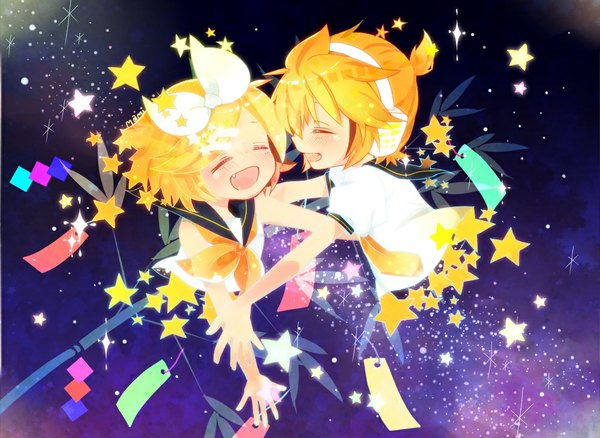 Anime picture 1000x730 with vocaloid kagamine rin kagamine len mami love candy blush short hair open mouth blonde hair eyes closed girl boy ribbon (ribbons) hair ribbon headphones bowtie star (stars) sailor suit