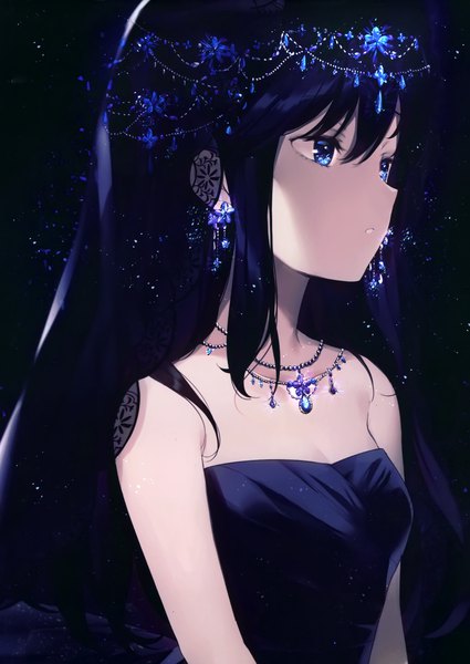 Anime picture 2092x2951 with original achiki single long hair tall image fringe highres breasts blue eyes black hair simple background hair between eyes bare shoulders looking away upper body parted lips scan black background shaded face girl