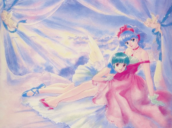 Anime picture 1900x1410 with mahou no tenshi creamy mami morisawa yuu creamy mami takada akemi looking at viewer highres blue eyes sitting purple eyes bare shoulders multiple girls brown eyes blue hair purple hair cloud (clouds) pink eyes light smile sunlight aqua hair hug