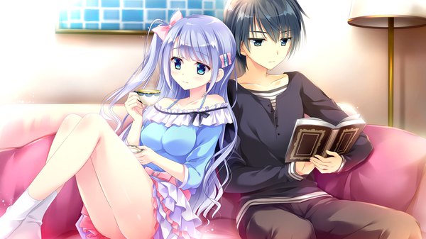 Anime picture 2560x1440 with koi suru kimochi no kasanekata ensemble (studio) ougi ichika kimishima ao long hair highres short hair blue eyes light erotic black hair wide image blue hair game cg couple girl dress boy bow hair bow socks