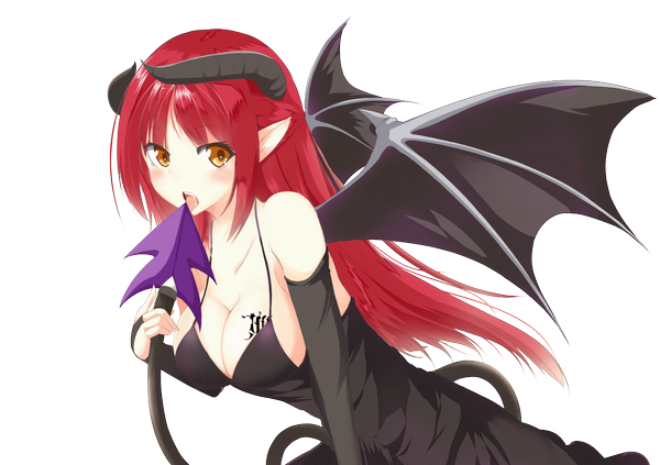 Anime picture 1200x847 with original single long hair blush breasts open mouth light erotic bare shoulders cleavage red hair tail horn (horns) pointy ears no bra orange eyes tattoo demon girl saliva demon tail licking