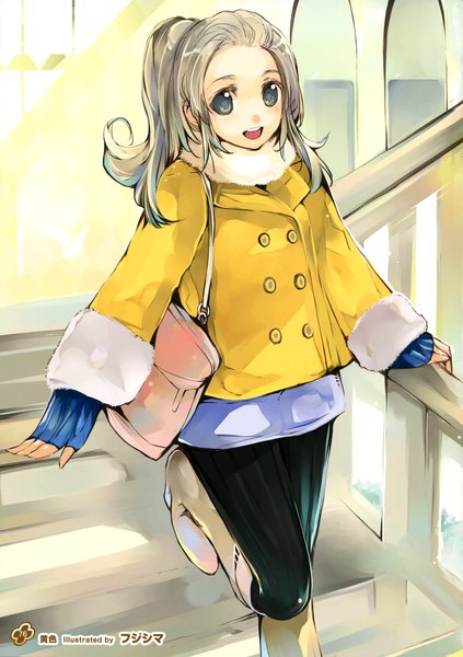 Anime picture 2539x3600 with girls, girls, girls! 11 (artbook) fujishima (artist) single long hair tall image looking at viewer highres open mouth blue eyes grey hair scan official art girl skirt pantyhose jacket boots bag