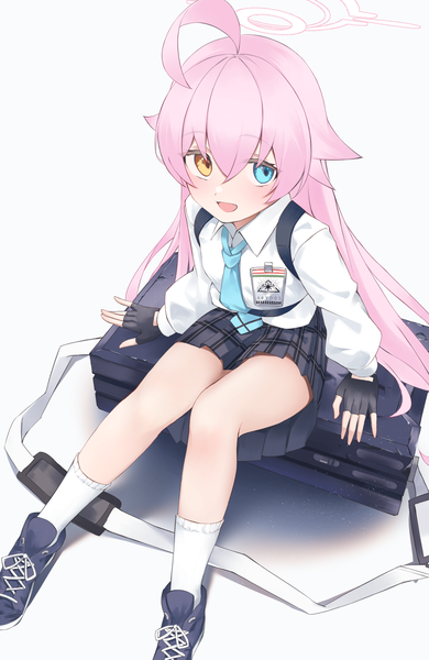 Anime picture 2600x4000 with blue archive hoshino (blue archive) heimu (heim kstr) single long hair tall image fringe highres open mouth simple background hair between eyes white background pink hair full body :d heterochromia girl gloves uniform school uniform