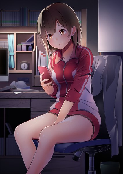 Anime picture 1254x1771 with original byte (allbyte) single tall image blush short hair light erotic brown hair sitting brown eyes depth of field looking down between legs girl book (books) chair clock mobile phone alarm clock track jacket