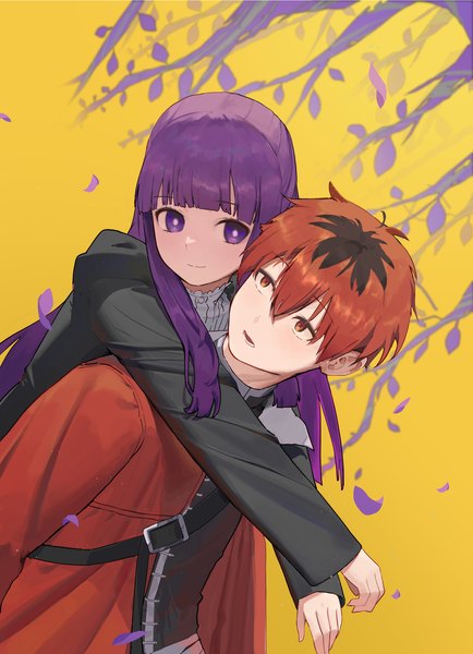 Anime picture 1500x2072 with sousou no frieren fern (sousou no frieren) stark (sousou no frieren) im (dorya9) long hair tall image fringe short hair hair between eyes red eyes purple eyes purple hair red hair blunt bangs eye contact yellow background carrying piggyback girl boy