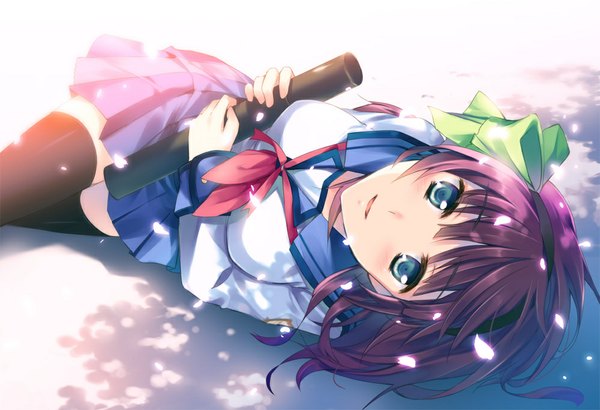 Anime picture 1000x684 with angel beats! key (studio) nakamura yuri tousaki umiko single looking at viewer blush short hair open mouth blue eyes smile purple hair lying shadow graduation girl thighhighs skirt uniform black thighhighs