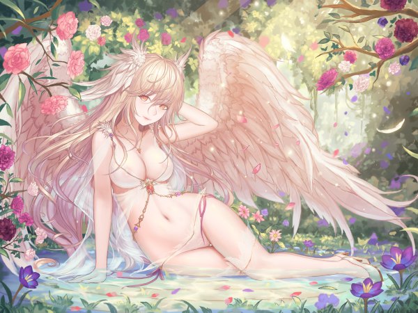 Anime picture 4800x3600 with original rinmmo single long hair looking at viewer blush fringe highres breasts light erotic blonde hair hair between eyes large breasts absurdres cleavage full body outdoors arm support high heels thigh gap