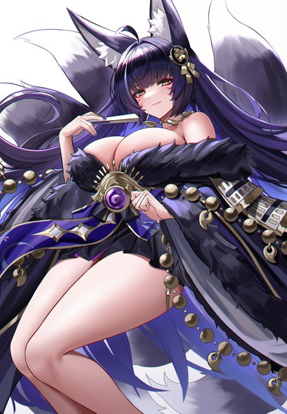 Anime picture 1073x1549 with azur lane musashi (azur lane) eternity (shadeh) single long hair tall image looking at viewer fringe breasts light erotic black hair simple background white background holding animal ears yellow eyes ahoge tail blunt bangs nail polish