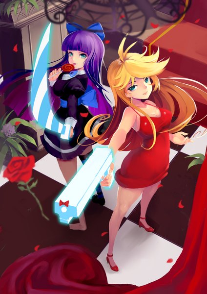 Anime picture 1240x1754 with panty & stocking with garterbelt anarchy stocking anarchy panty long hair tall image looking at viewer fringe breasts open mouth blonde hair multiple girls green eyes cleavage purple hair multicolored hair from above two-tone hair glowing happy colored inner hair