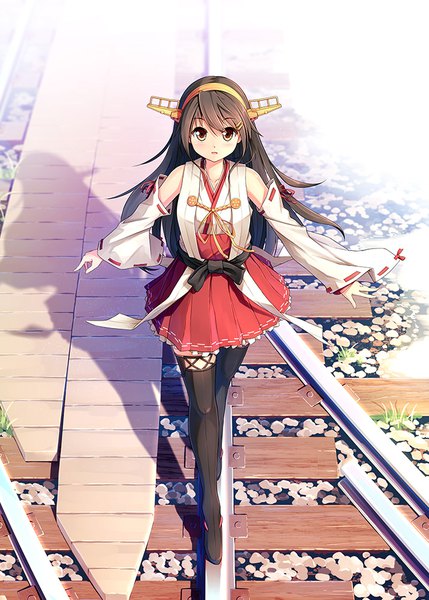 Anime picture 715x999 with kantai collection haruna battleship kuro-kun (nablack) single long hair tall image looking at viewer black hair standing bare shoulders brown eyes full body outdoors traditional clothes parted lips japanese clothes sunlight shadow zettai ryouiki girl