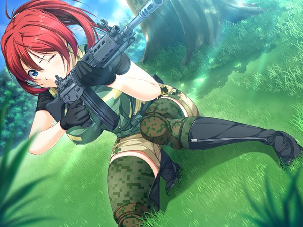Anime picture 1024x768 with sekisaba! (game) short hair blue eyes game cg red hair girl weapon gun