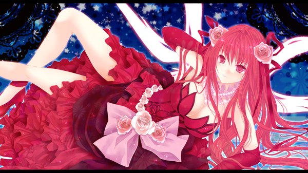Anime picture 1200x675 with shinkyoku soukai polyphonica corticarte apa lagranges rara419 single long hair light erotic red eyes wide image red hair hair flower girl dress gloves hair ornament flower (flowers) bow ribbon (ribbons) hair bow wings elbow gloves