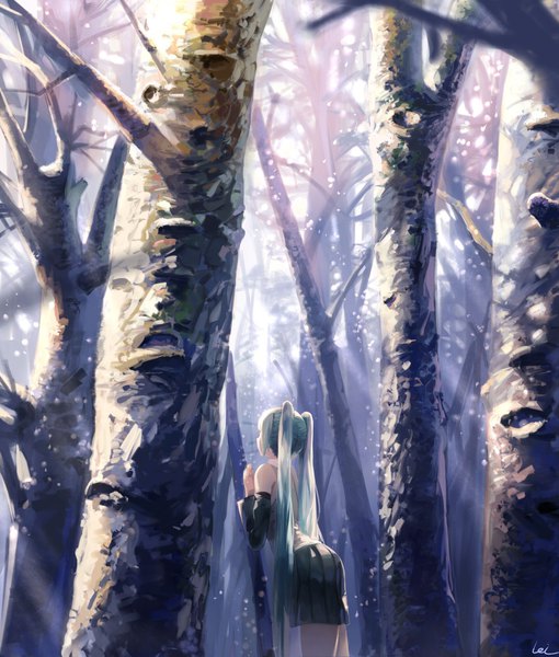 Anime picture 1700x2000 with vocaloid hatsune miku leiq single tall image twintails signed very long hair pleated skirt aqua hair arched back hands clasped bare tree girl skirt plant (plants) detached sleeves tree (trees) forest