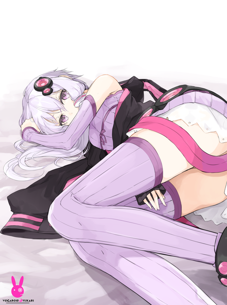Anime picture 1028x1378 with vocaloid yuzuki yukari miruto netsuki single long hair tall image looking at viewer fringe light erotic purple eyes twintails bare shoulders signed animal ears purple hair bent knee (knees) lying open clothes open jacket bunny ears