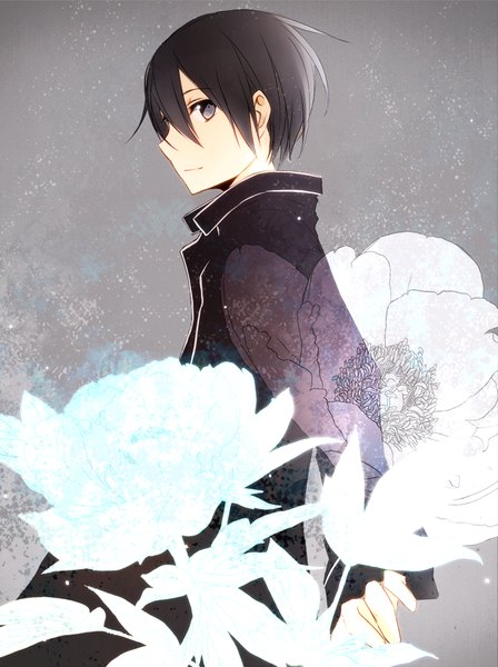 Anime picture 700x936 with sword art online a-1 pictures kirigaya kazuto tsukimori usako single tall image looking at viewer short hair black hair standing profile black eyes grey background boy gloves flower (flowers) fingerless gloves cloak