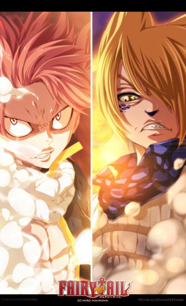 Anime picture 735x1206 with fairy tail natsu dragneel jackal tremblax i-azu tall image fringe short hair blonde hair yellow eyes pink hair sky cloud (clouds) pink eyes sunlight hair over one eye inscription grin coloring watermark