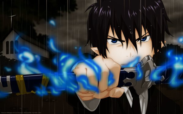 Anime picture 2560x1600 with ao no exorcist a-1 pictures okumura rin single highres short hair blue eyes black hair wide image pointy ears boy weapon sword katana