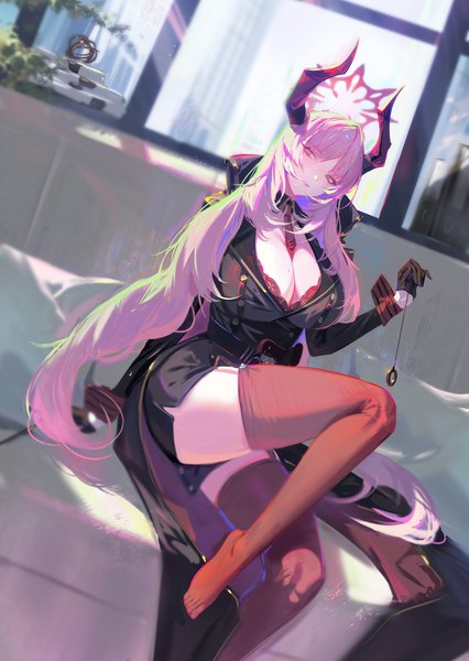 Anime picture 1100x1551 with blue archive satsuki (blue archive) dongfangzhong111 single long hair tall image looking at viewer fringe breasts light erotic sitting holding pink hair cleavage bent knee (knees) indoors long sleeves head tilt pink eyes horn (horns)