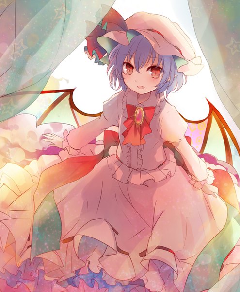 Anime picture 662x803 with touhou remilia scarlet kazu (muchuukai) single tall image blush fringe short hair open mouth red eyes looking away purple hair indoors from above pointy ears spread arms bat wings vampire girl dress