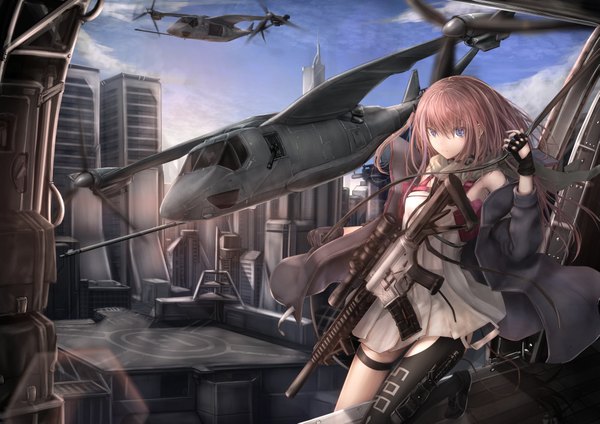 Anime picture 2047x1447 with girls frontline st ar-15 (girls frontline) shumeia single long hair looking at viewer fringe highres blue eyes hair between eyes brown hair bare shoulders holding sky cloud (clouds) bent knee (knees) off shoulder open clothes one side up city