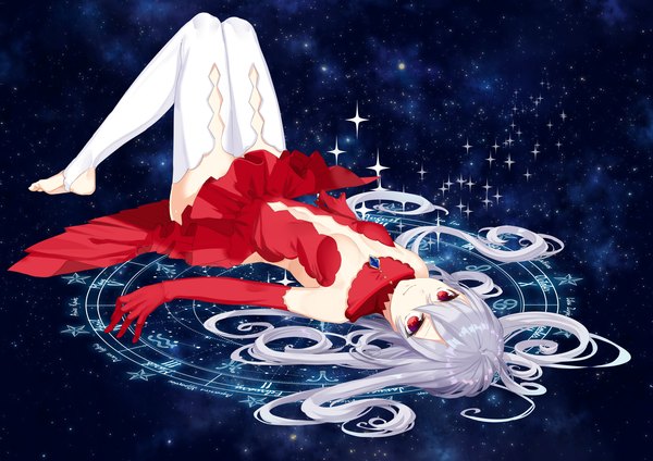 Anime picture 3624x2565 with original yusano single long hair looking at viewer fringe highres breasts light erotic smile hair between eyes red eyes absurdres silver hair full body bent knee (knees) lying night on back no shoes