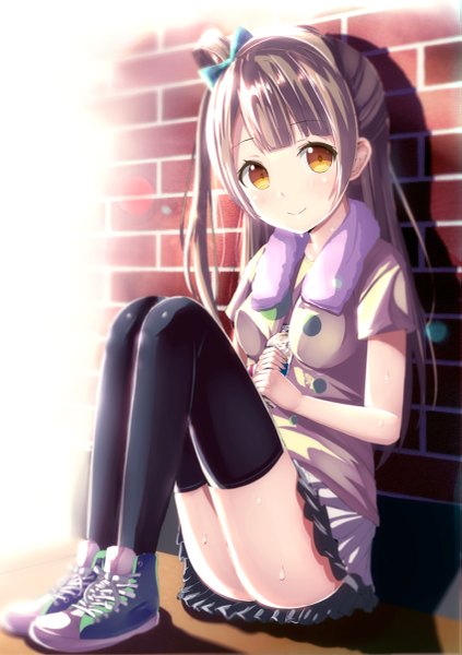Anime picture 847x1200 with love live! school idol project sunrise (studio) love live! minami kotori morerin single long hair tall image looking at viewer blush fringe light erotic smile sitting yellow eyes grey hair one side up girl thighhighs skirt