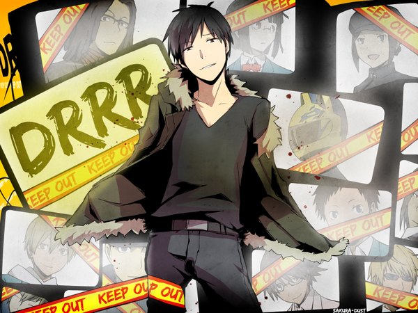 Anime picture 1600x1200 with durarara!! brains base (studio) orihara izaya single short hair black hair smile head tilt inscription grey eyes copyright name spread arms smirk boy hood caution tape screen