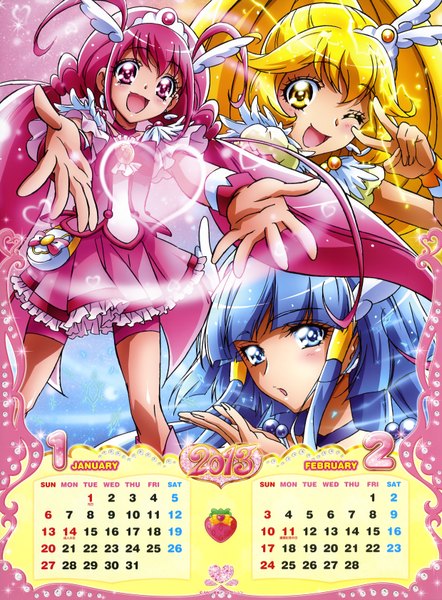 Anime picture 4960x6727 with precure smile precure! cure beauty cure peace cure happy long hair tall image highres open mouth blue eyes blonde hair multiple girls yellow eyes blue hair pink hair absurdres one eye closed pink eyes wink calendar 2013