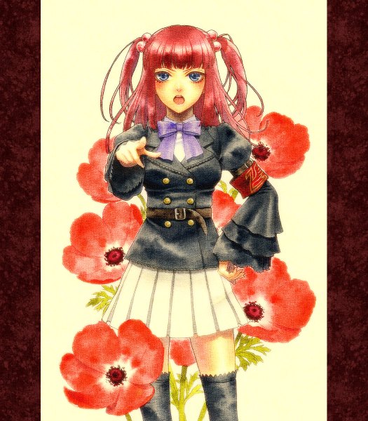 Anime picture 1050x1200 with umineko no naku koro ni ushiromiya ange kayu single tall image open mouth blue eyes red hair two side up hand on hip pointing girl thighhighs flower (flowers) bow black thighhighs