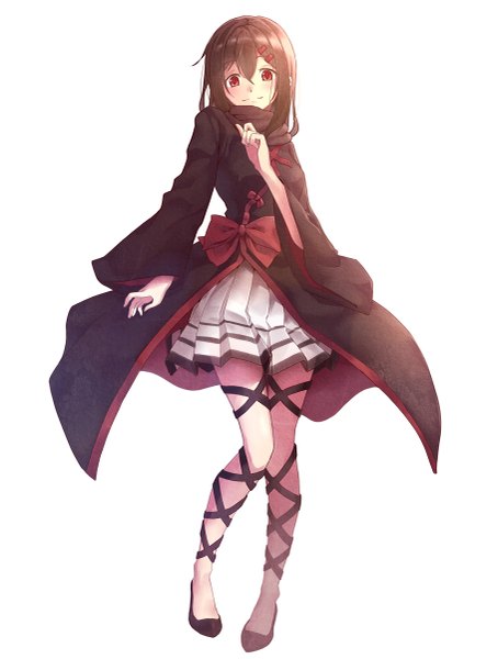 Anime picture 909x1200 with kagerou project shaft (studio) tateyama ayano morigami (morigami no yashiro) single long hair tall image blush fringe simple background smile red eyes brown hair white background bent knee (knees) pleated skirt wide sleeves alternate costume legs girl