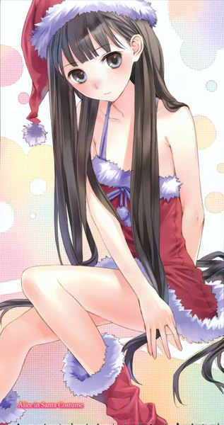 Anime picture 1600x3029 with kamisama no memochou shionji yuuko (alice) kishida mel single long hair tall image blush black hair sitting bare shoulders very long hair aqua eyes fur trim christmas fur santa claus hat santa claus costume