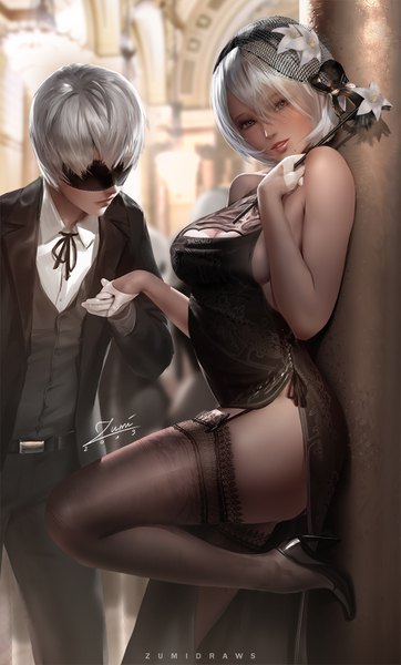 Anime picture 653x1080 with nier nier:automata yorha no. 2 type b yorha no. 9 type s zumi (zumidraws) tall image looking at viewer blush fringe short hair breasts light erotic hair between eyes large breasts standing bare shoulders signed silver hair bent knee (knees) indoors