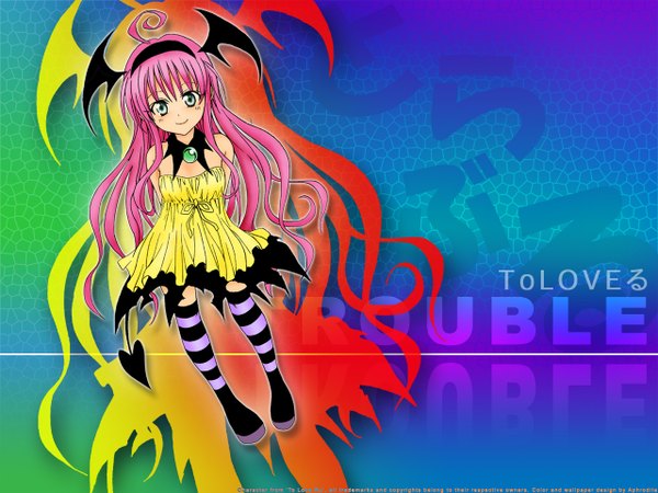 Anime picture 1280x960 with toloveru xebec lala satalin deviluke single long hair green eyes pink hair tail light smile demon tail bat wings head wings girl thighhighs dress striped thighhighs