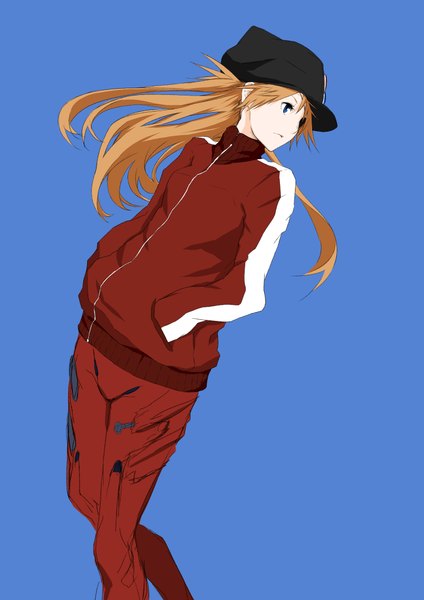 Anime picture 3035x4299 with neon genesis evangelion rebuild of evangelion gainax soryu asuka langley shikinami asuka langley null (artist) single long hair tall image highres blue eyes simple background brown hair absurdres looking back blue background walking hands in pockets girl jacket