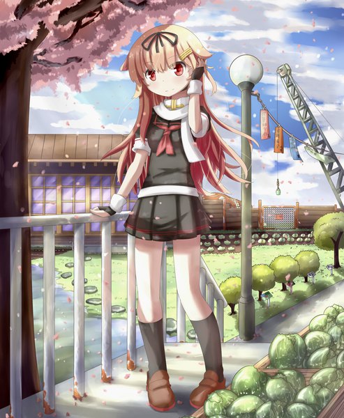 Anime picture 2463x3000 with kantai collection yuudachi destroyer hinbackc single long hair tall image looking at viewer fringe highres red eyes standing sky cloud (clouds) full body blunt bangs pleated skirt light smile orange hair short sleeves river