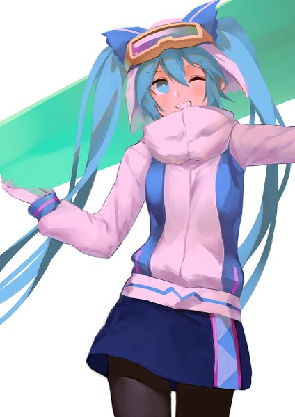 Anime picture 849x1200 with vocaloid hatsune miku yuki miku yuki miku (2016) zen33n single long hair tall image blush fringe blue eyes smile hair between eyes white background twintails blue hair looking away one eye closed clenched teeth goggles on head