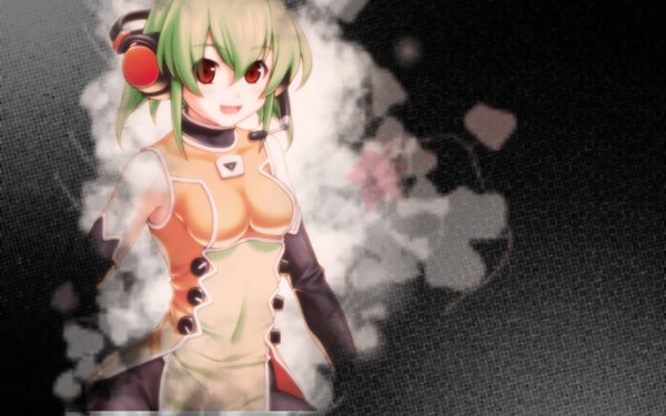 Anime picture 1680x1050 with smile red eyes wide image green hair girl headphones